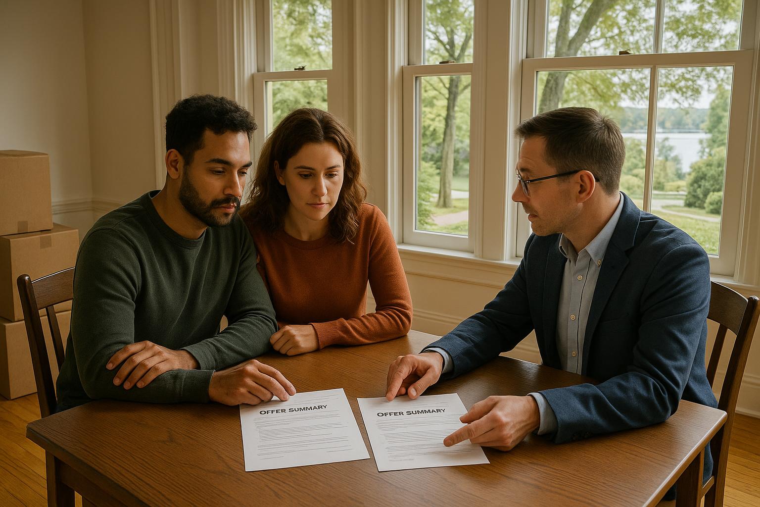 East Grand Rapids homeowners and their agent comparing multiple offers at the dining table of a classic neighborhood home.