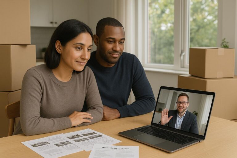 Physician couple video conferencing with Grand Rapids agent, moving boxes visible in a bright West Michigan home.