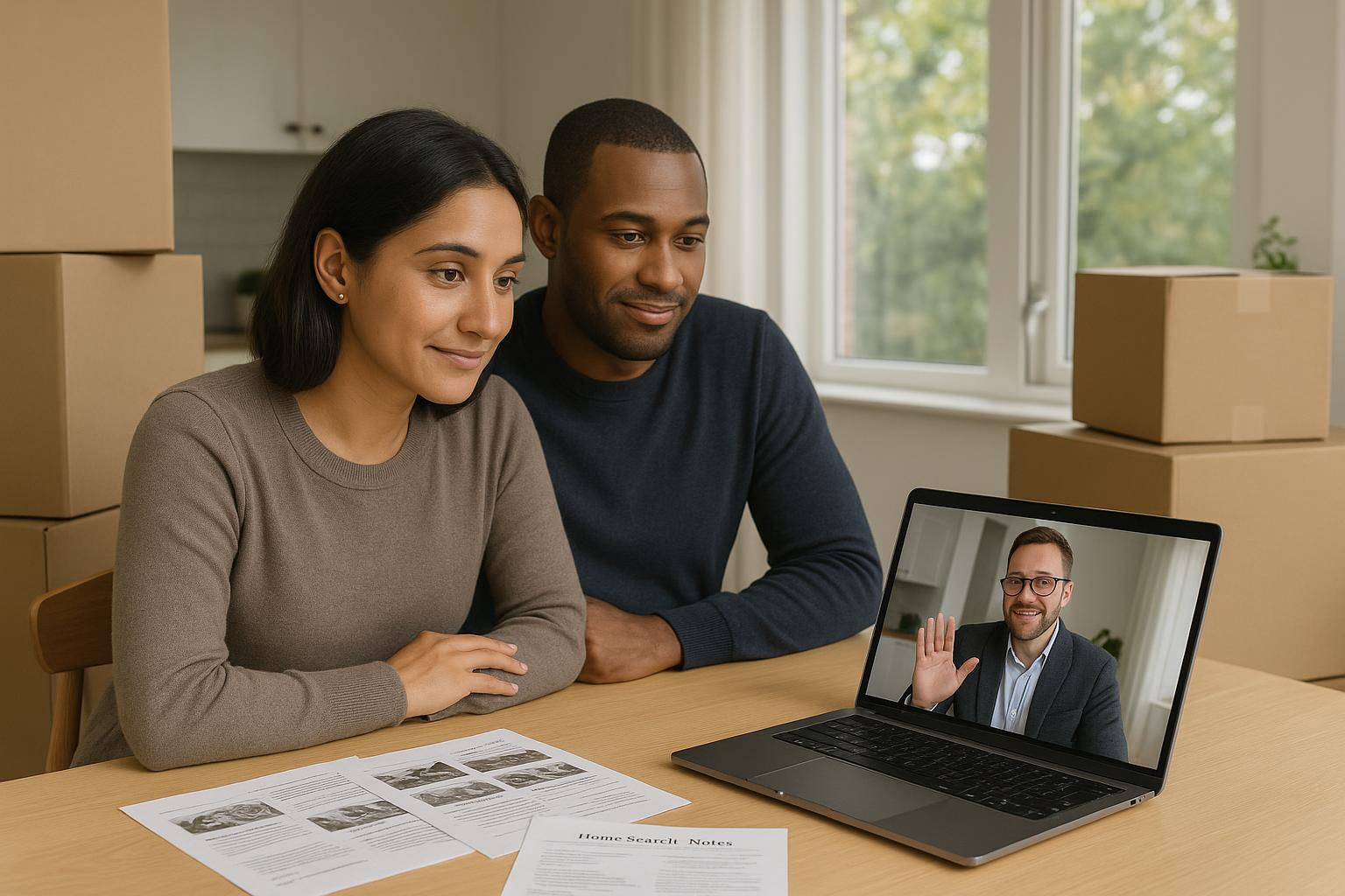 Physician couple video conferencing with Grand Rapids agent, moving boxes visible in a bright West Michigan home.