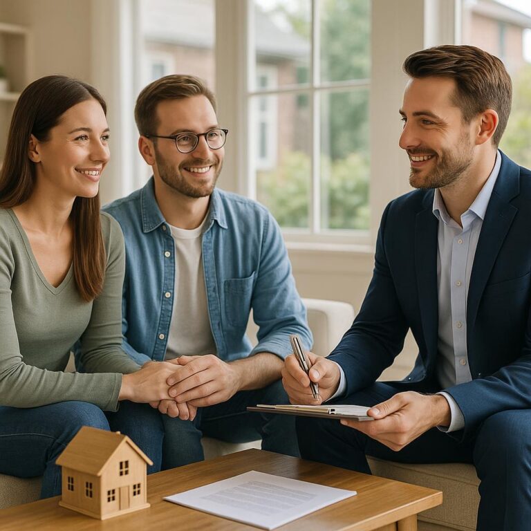 Grand Rapids homeowner and agent reviewing buyer financing terms on multiple offers in a living room setting.