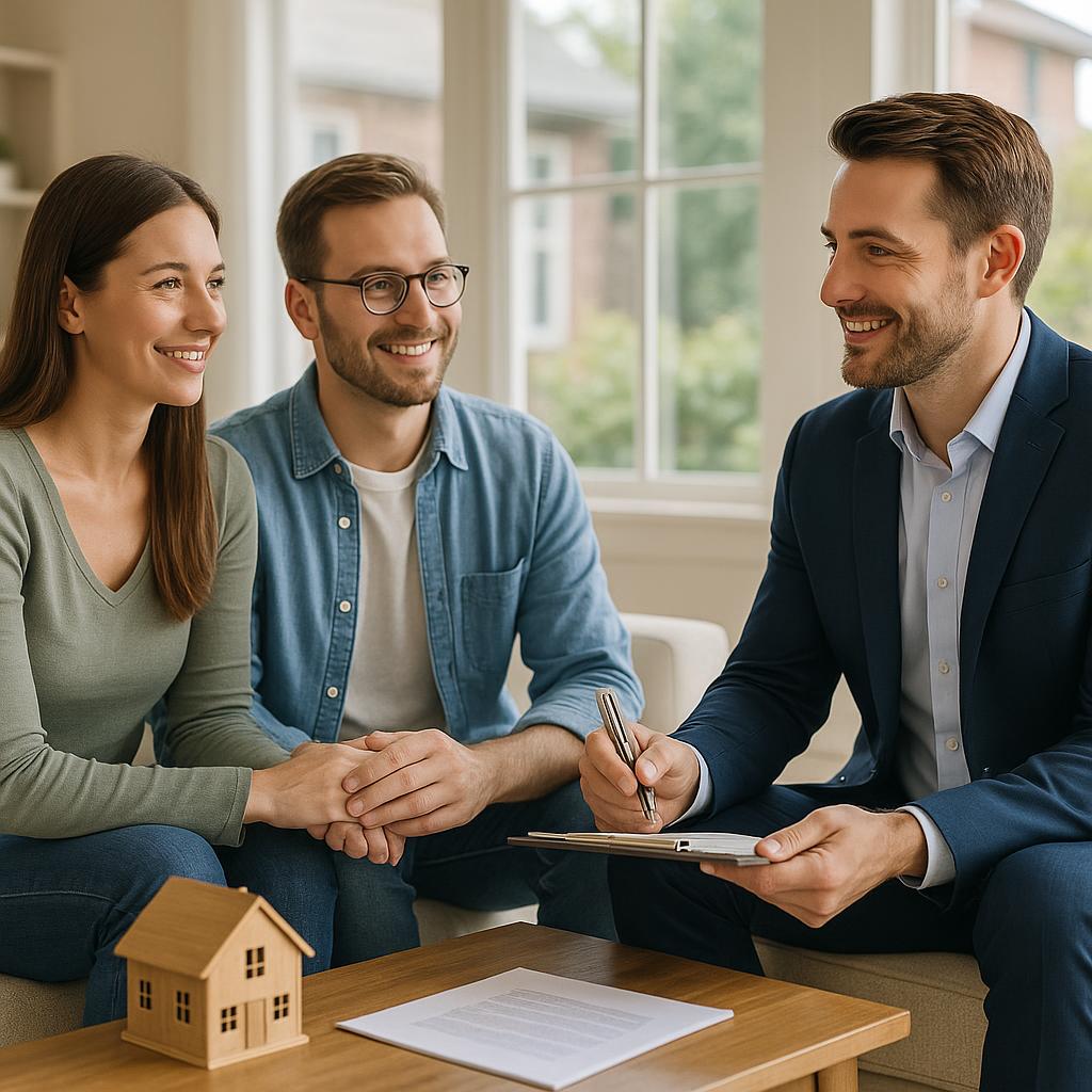 Grand Rapids homeowner and agent reviewing buyer financing terms on multiple offers in a living room setting.