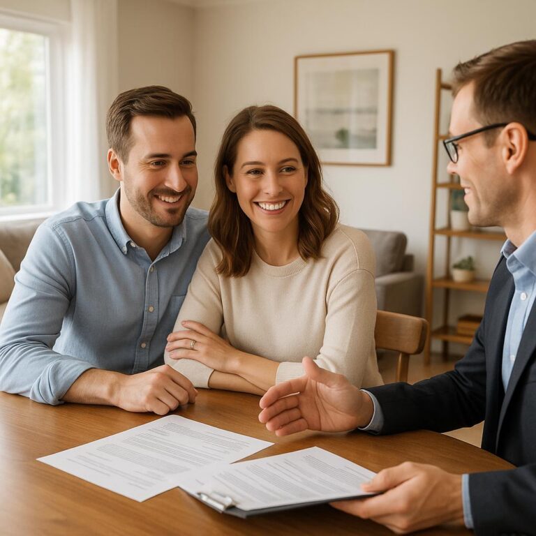 Agent and Grand Rapids homeowner calmly reviewing listing activity in a quiet, staged living room with no showings happening.