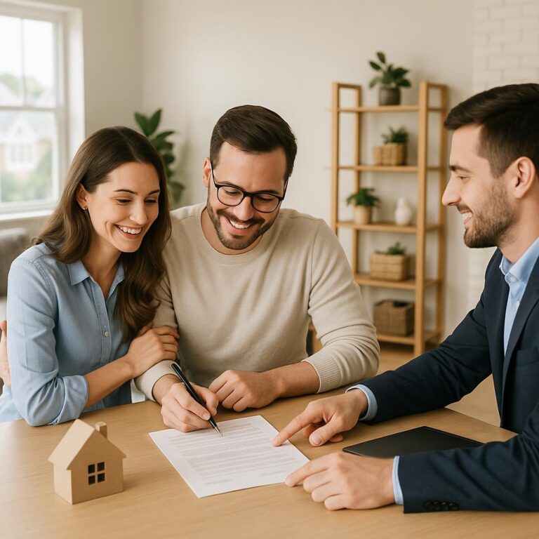 Grand Rapids homeowner and real estate agent comparing multiple home offers at a kitchen island.