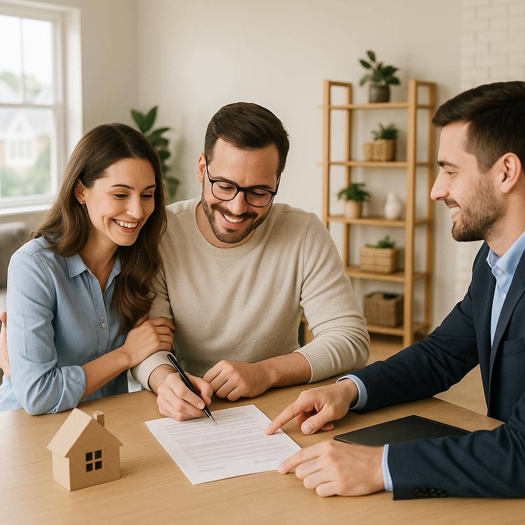 Grand Rapids homeowner and real estate agent comparing multiple home offers at a kitchen island.