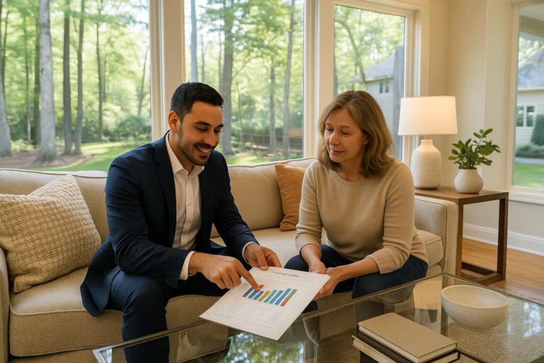 Agent and Forest Hills homeowner discussing list price in bright living room