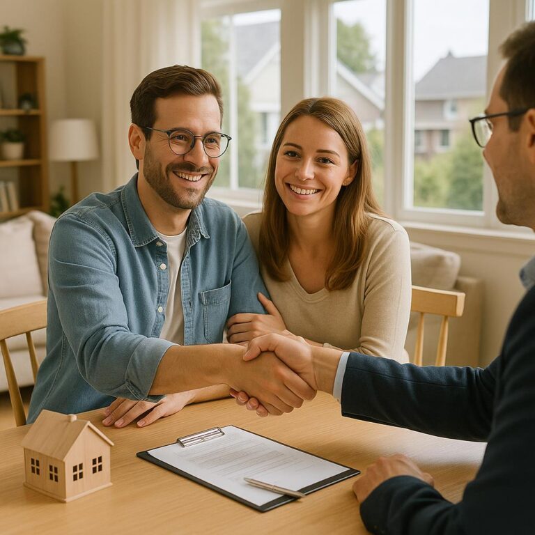 Grand Rapids homeowners and agent preparing the living room for a home showing, tidying up and ensuring the space is bright and welcoming.