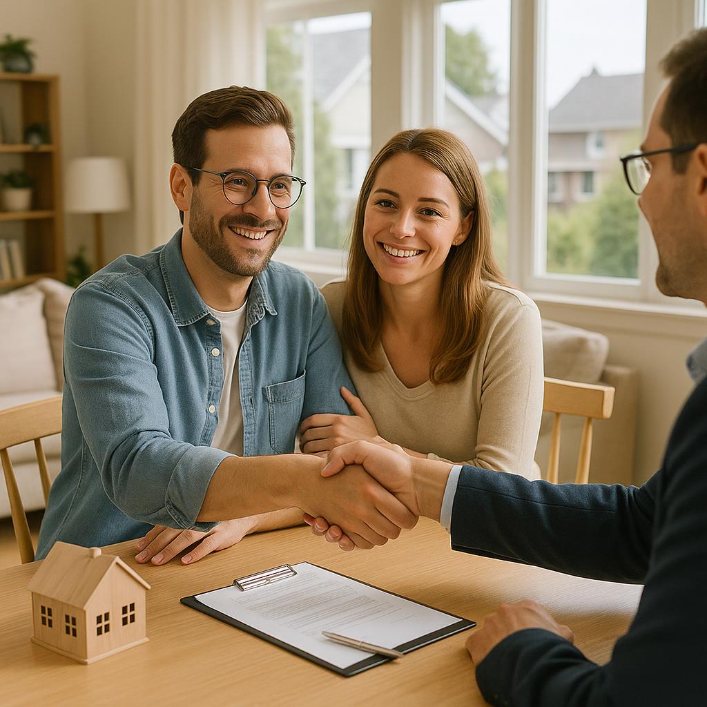 Grand Rapids homeowners and agent preparing the living room for a home showing, tidying up and ensuring the space is bright and welcoming.