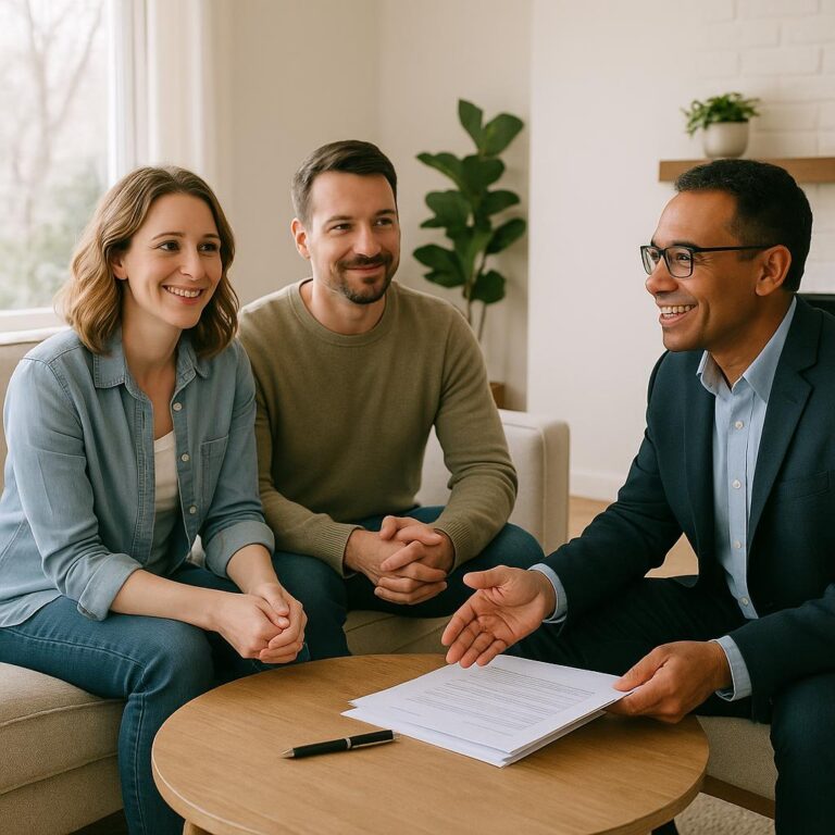 Grand Rapids homeowner and agent reviewing move-out timing and calendar with moving boxes in a modern kitchen.