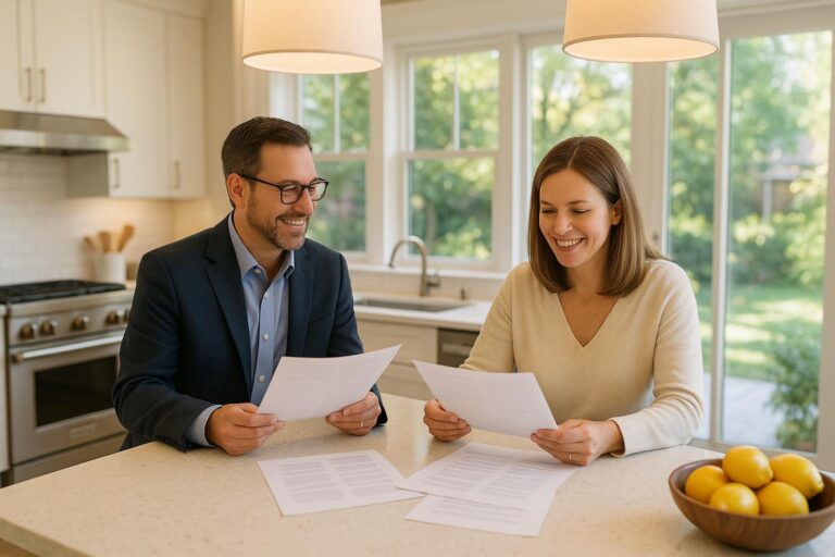 Forest Hills homeowner and real estate agent reviewing multiple offers in a bright kitchen