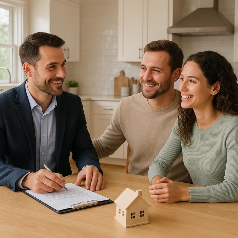 Grand Rapids home seller and agent reviewing move-out and possession timeline with moving boxes in the living room.