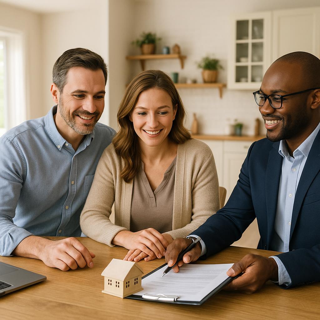 Grand Rapids homeowner and real estate agent reviewing multiple home offers at a kitchen table