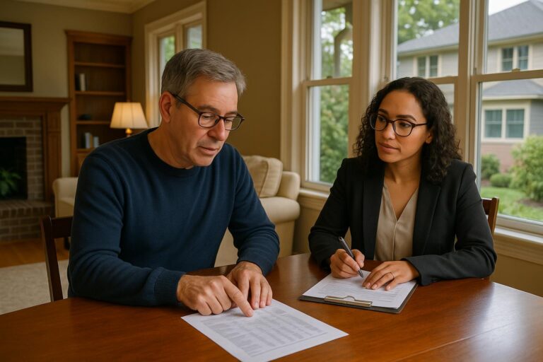 Agent and homeowner reviewing pricing strategy for an older Forest Hills home compared to a renovated neighbor’s property in a bright living room.