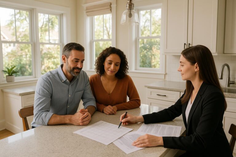 Forest Hills couple and real estate agent discussing home listing timing at a bright kitchen table.