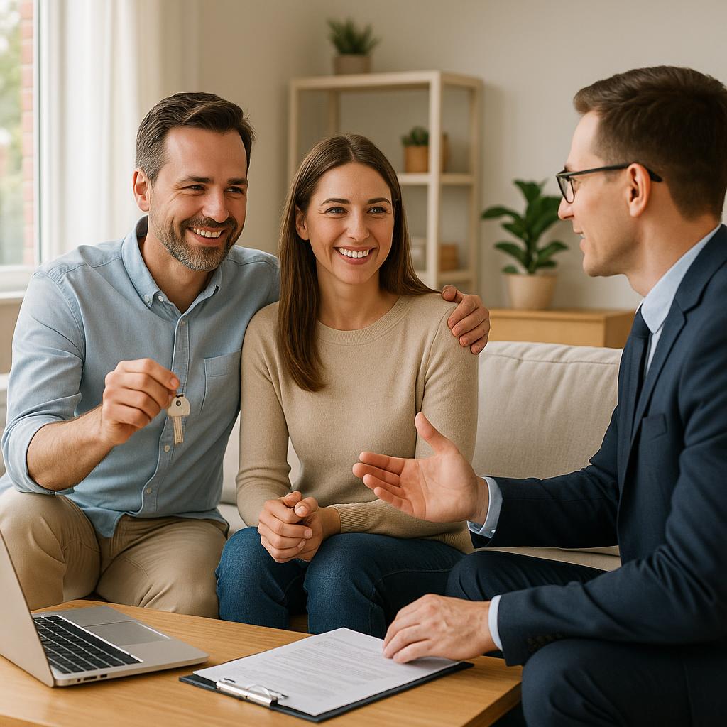 Grand Rapids homeowner and agent discussing the best time to list the home in a bright, staged living room.