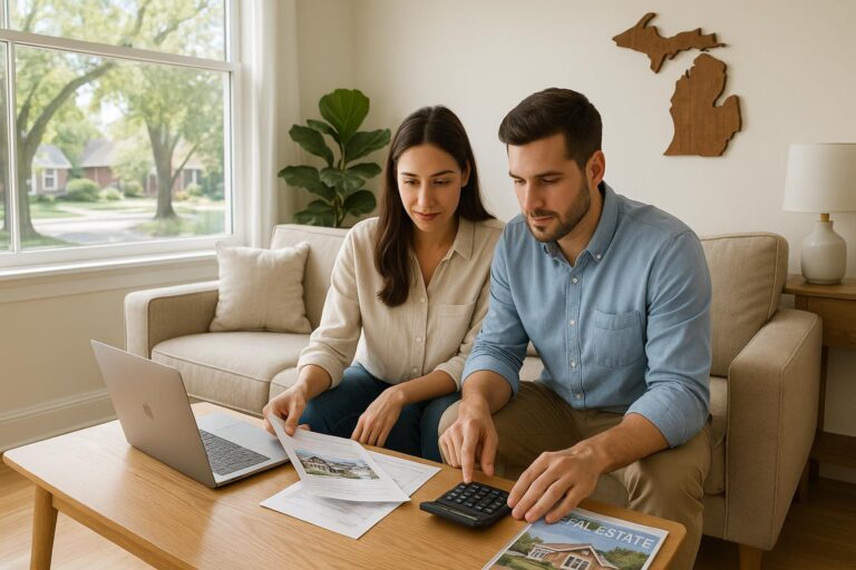A young couple calculates their down payment options at home in a bright Grand Rapids living room, with local real estate documents and a neighborhood view.