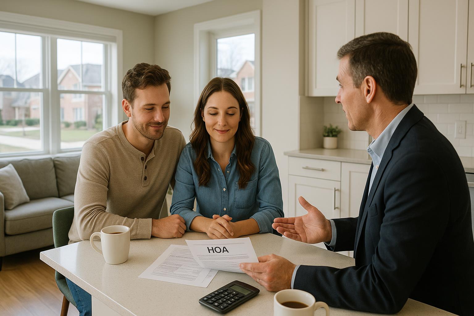 Young couple in a Grand Rapids townhouse reviewing HOA fee documents with their real estate agent in a bright, welcoming kitchen.