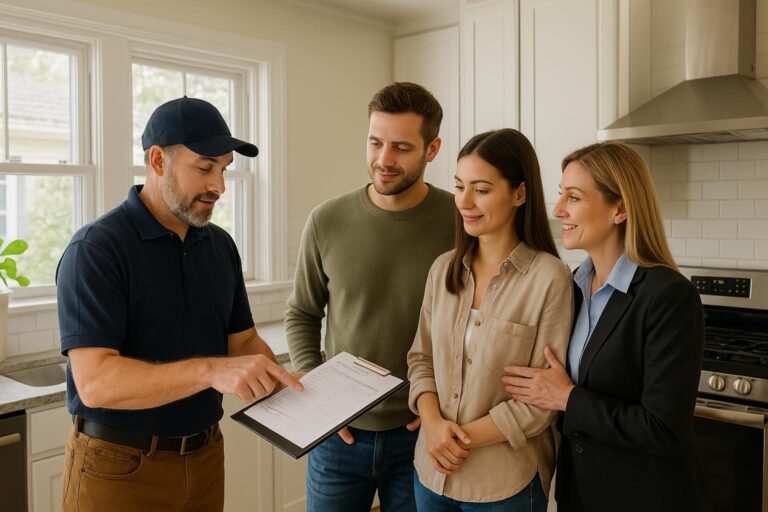 Grand Rapids home inspector reviewing a report with buyers and their agent in a bright kitchen.