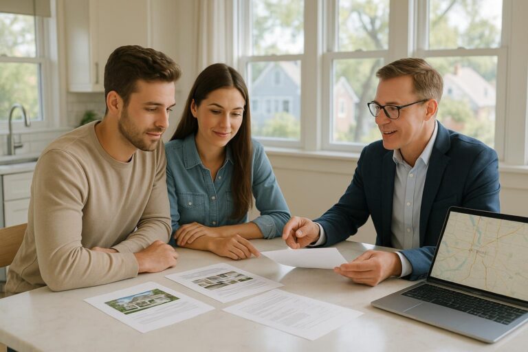 A Grand Rapids real estate agent and buyers review offer options at a kitchen island with home listings and a laptop showing a local map.