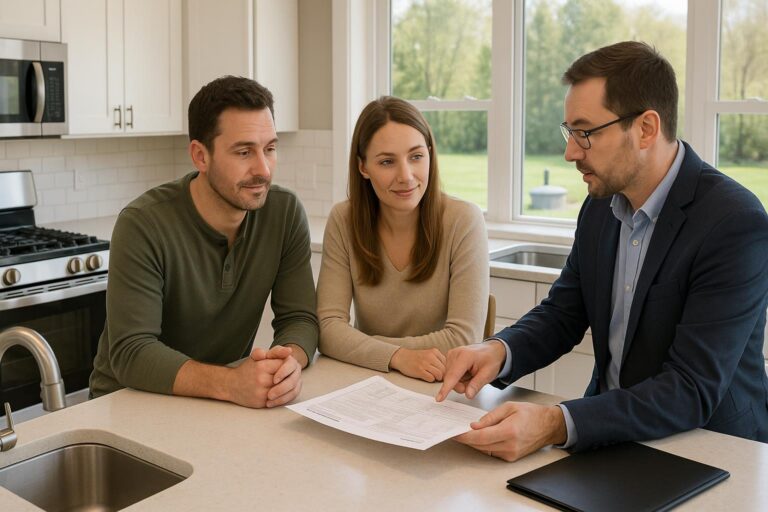Grand Rapids homebuyers and agent discussing well and septic inspection results in a bright kitchen.