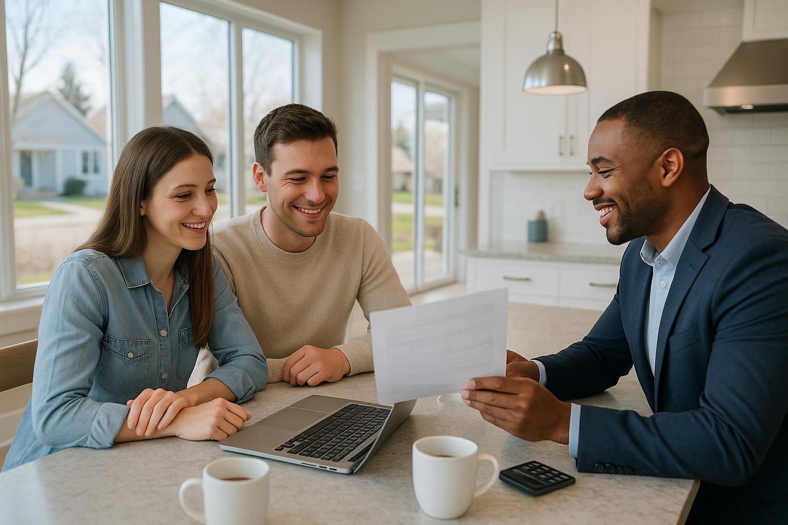 Young Grand Rapids home buyers reviewing a property tax estimate with their real estate agent at a bright kitchen island.