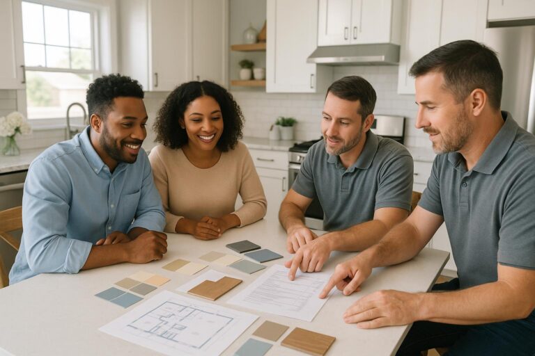 Grand Rapids home buyers, their agent, and a contractor reviewing renovation estimates at a kitchen island, surrounded by samples and floor plans in a well-lit local home.