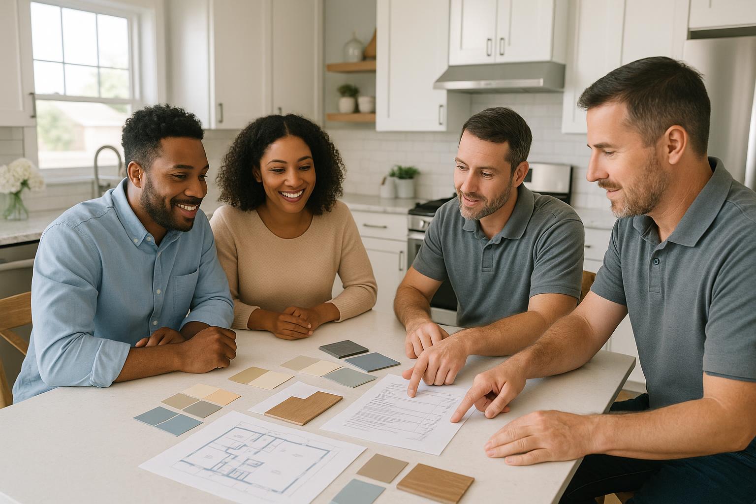 Grand Rapids home buyers, their agent, and a contractor reviewing renovation estimates at a kitchen island, surrounded by samples and floor plans in a well-lit local home.