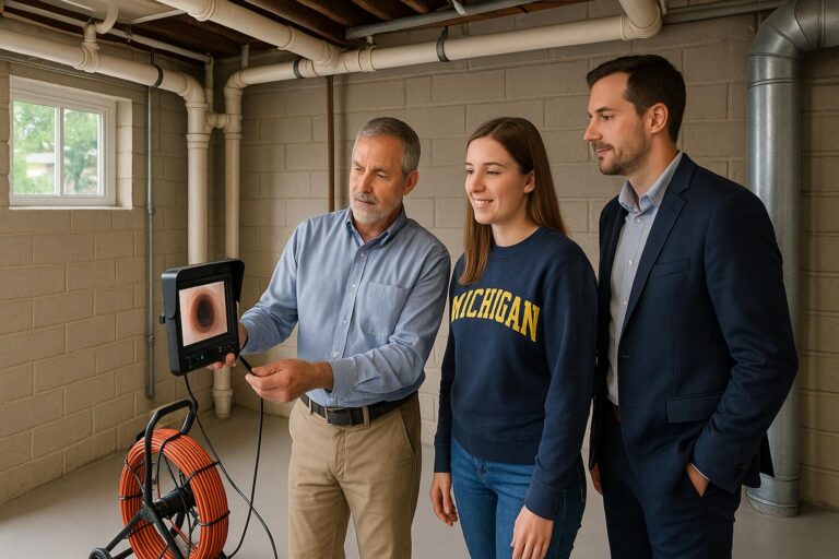 Grand Rapids home buyer and inspector reviewing a sewer scope camera in a bright basement during a home inspection.