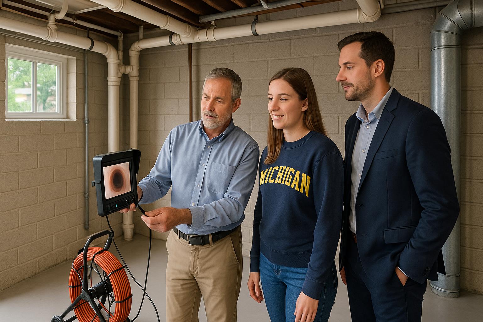 Grand Rapids home buyer and inspector reviewing a sewer scope camera in a bright basement during a home inspection.