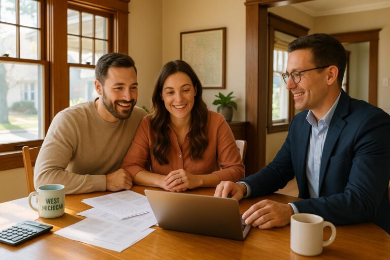 First-time Grand Rapids homebuyers review home insurance quotes with an agent in a bright craftsman kitchen.