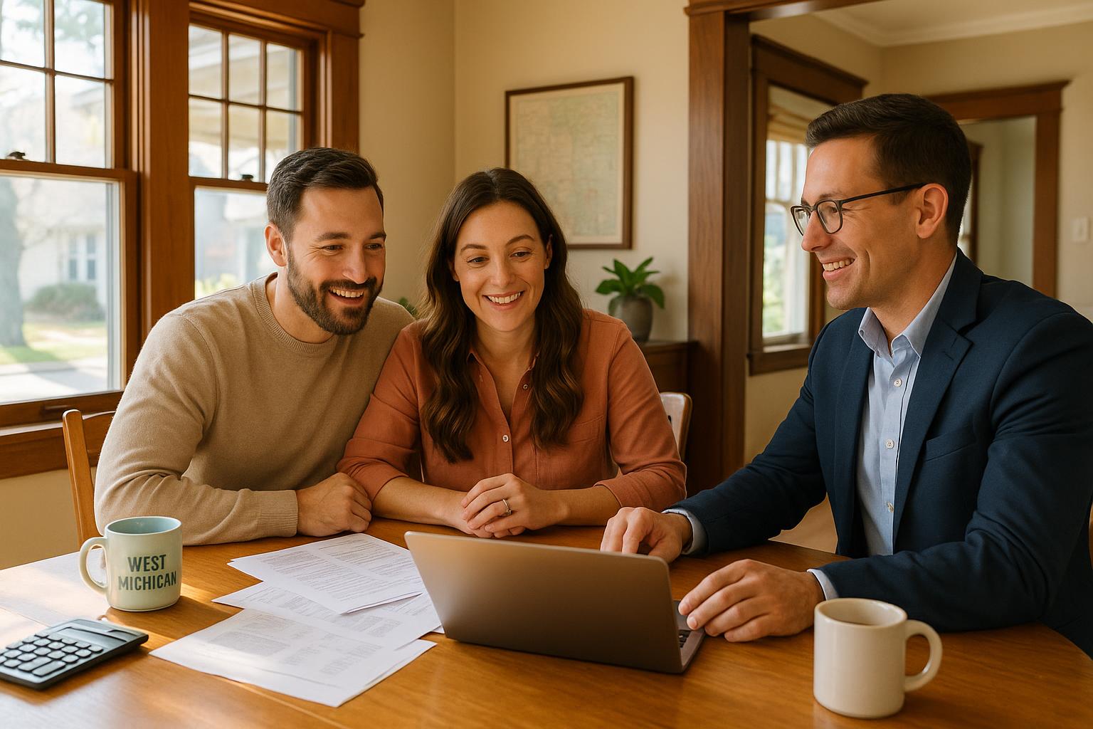 First-time Grand Rapids homebuyers review home insurance quotes with an agent in a bright craftsman kitchen.
