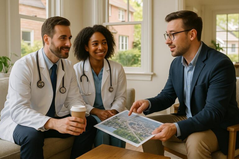 Physician couple and real estate agent discussing home options near Medical Mile in a bright Grand Rapids kitchen