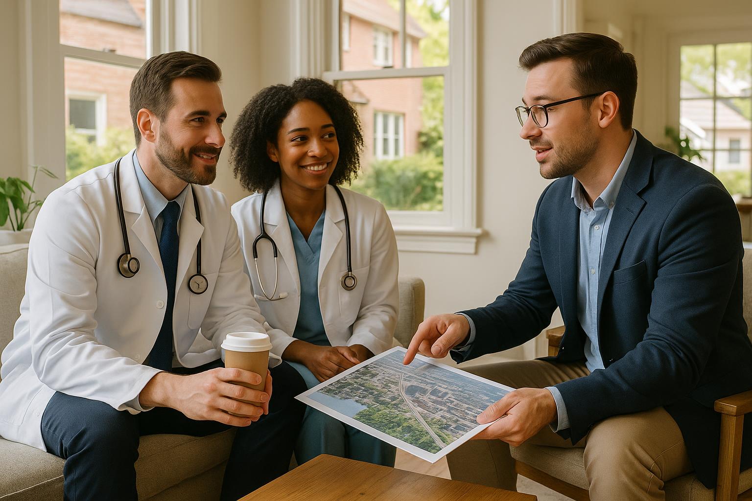 Physician couple and real estate agent discussing home options near Medical Mile in a bright Grand Rapids kitchen
