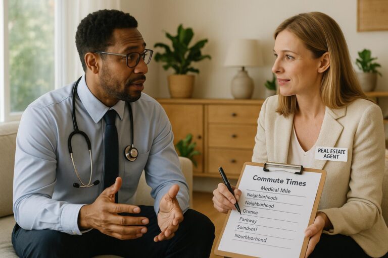 Grand Rapids physician and agent discussing home options and commute times in a bright kitchen with moving boxes