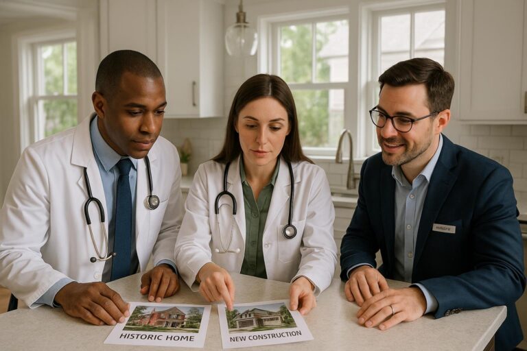 Physician couple and agent comparing historic and new construction home options in a bright East Grand Rapids kitchen