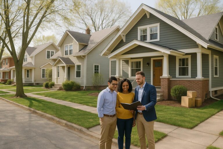 Grand Rapids physician couple and real estate agent reviewing homes on a residential street near Medical Mile.