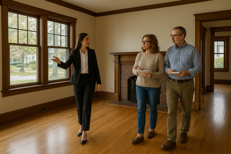 A real estate agent and homeowners discuss selling a historic East Grand Rapids home with original woodwork and classic architectural details.