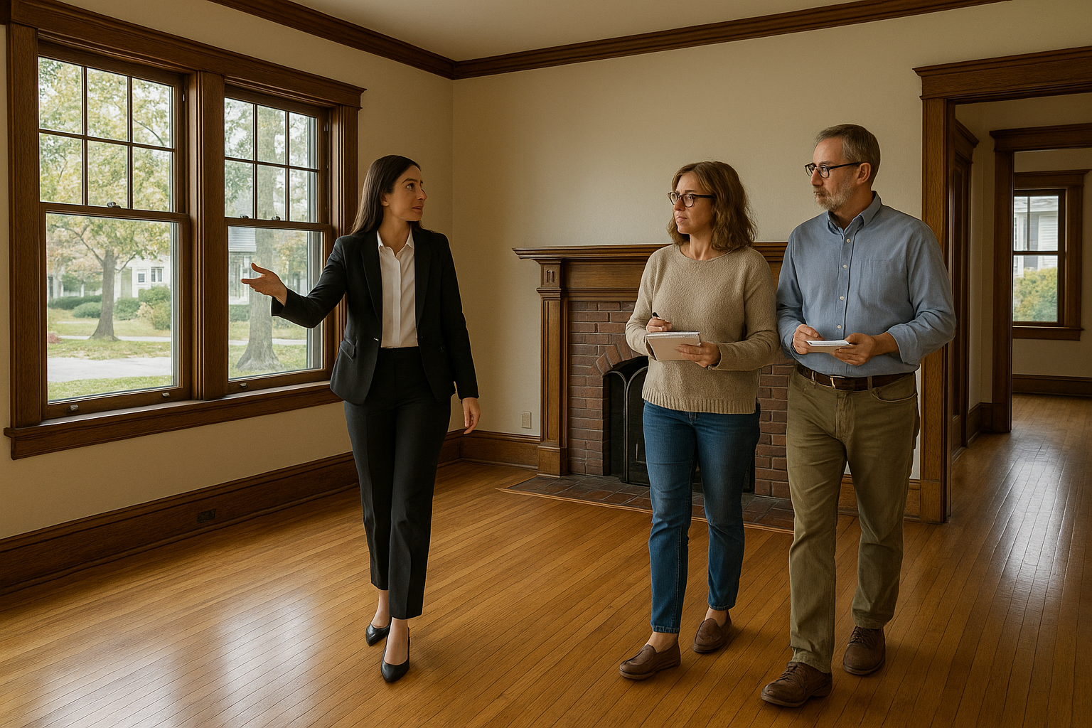 A real estate agent and homeowners discuss selling a historic East Grand Rapids home with original woodwork and classic architectural details.