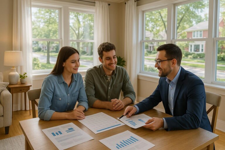 Young couple and real estate agent in a sunny Grand Rapids living room discussing the best season to buy a home, with calendars and market data on the table.