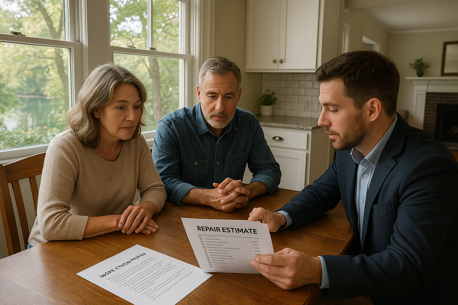 East Grand Rapids homeowners and their agent reviewing a repair list at the dining table, deciding what to fix before listing their home.