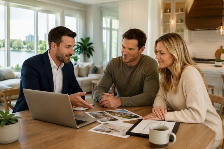 Locum tenens physician couple discussing Grand Rapids housing options with a real estate professional in a bright home.