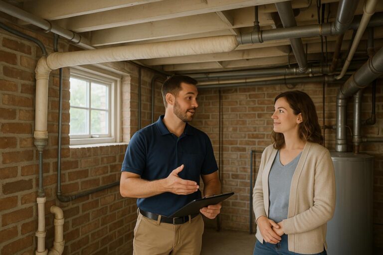 A Grand Rapids home inspector and buyer calmly reviewing a potentially asbestos-wrapped pipe in the well-lit basement of a 1950s home.