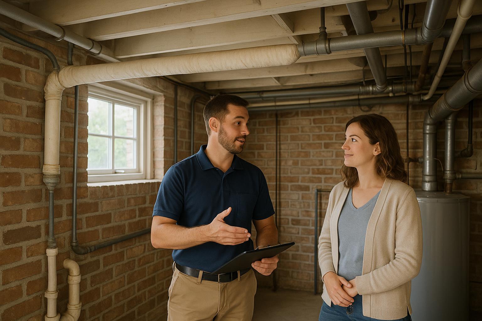 A Grand Rapids home inspector and buyer calmly reviewing a potentially asbestos-wrapped pipe in the well-lit basement of a 1950s home.