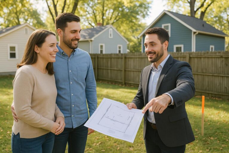 Grand Rapids homebuyers and their agent reviewing a property survey and visible boundary marker in a suburban backyard.