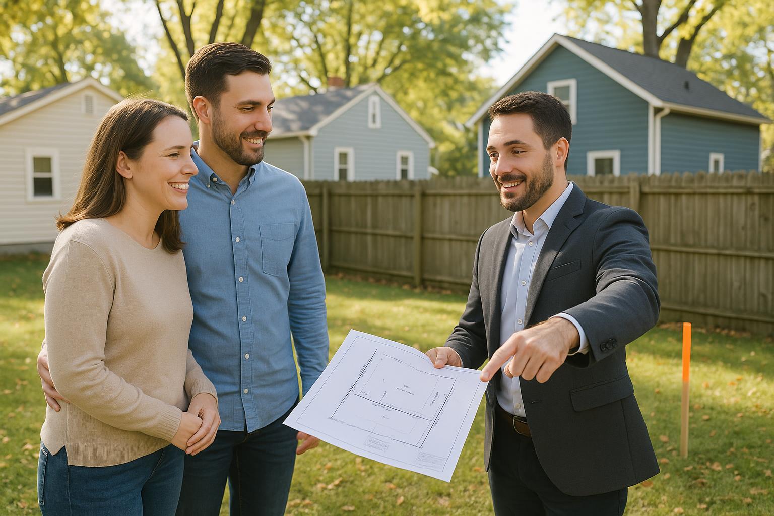 Grand Rapids homebuyers and their agent reviewing a property survey and visible boundary marker in a suburban backyard.