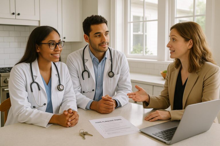 Physician couple and real estate agent discussing home purchase timing in a bright Grand Rapids kitchen with moving boxes.