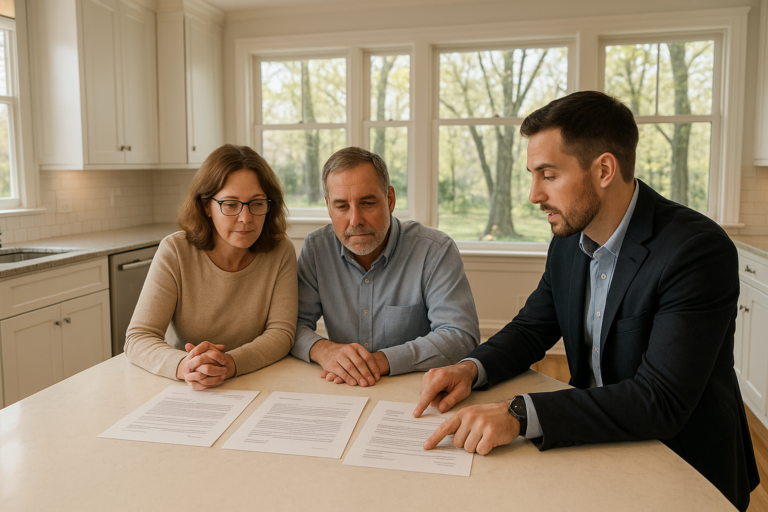 East Grand Rapids homeowners and their agent reviewing buyer financing details in a bright kitchen