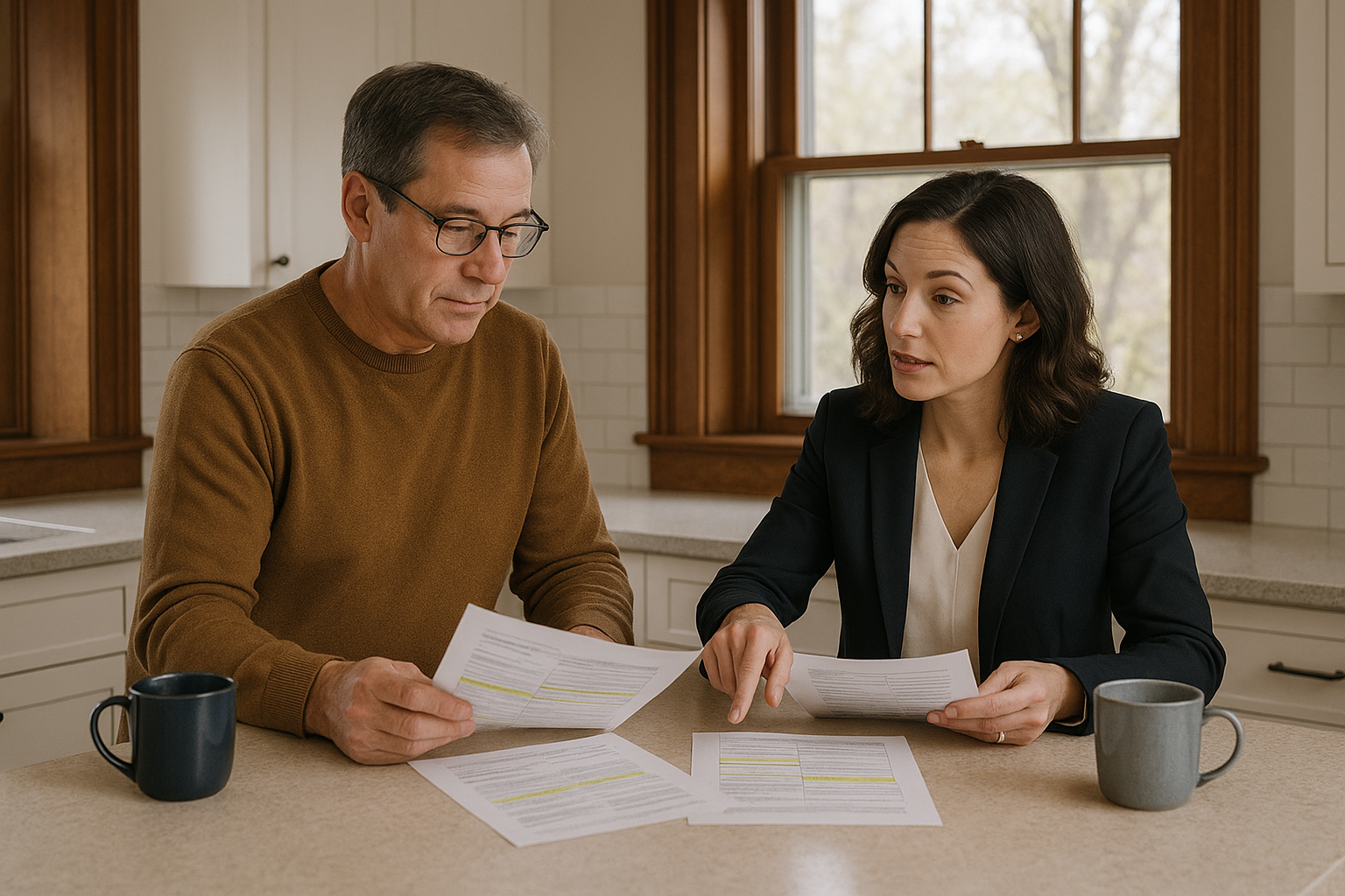 East Grand Rapids homeowner and agent reviewing buyer financing details on multiple offers in a classic renovated kitchen.
