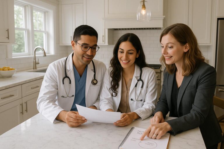 Physician couple and real estate agent reviewing home options at a kitchen table in a bright East Grand Rapids home, planning a move after residency.