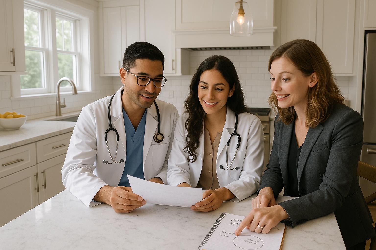 Physician couple and real estate agent reviewing home options at a kitchen table in a bright East Grand Rapids home, planning a move after residency.