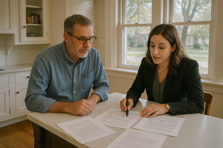 East Grand Rapids homeowner and agent reviewing offers and renovation estimates at a kitchen island in a classic home with original features.
